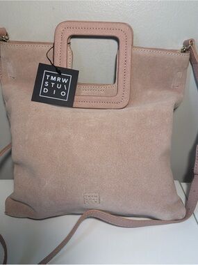 TMRW Studio Leather Crossbody Blush Pink Genuine Suede Leather Tote Handbag NEW